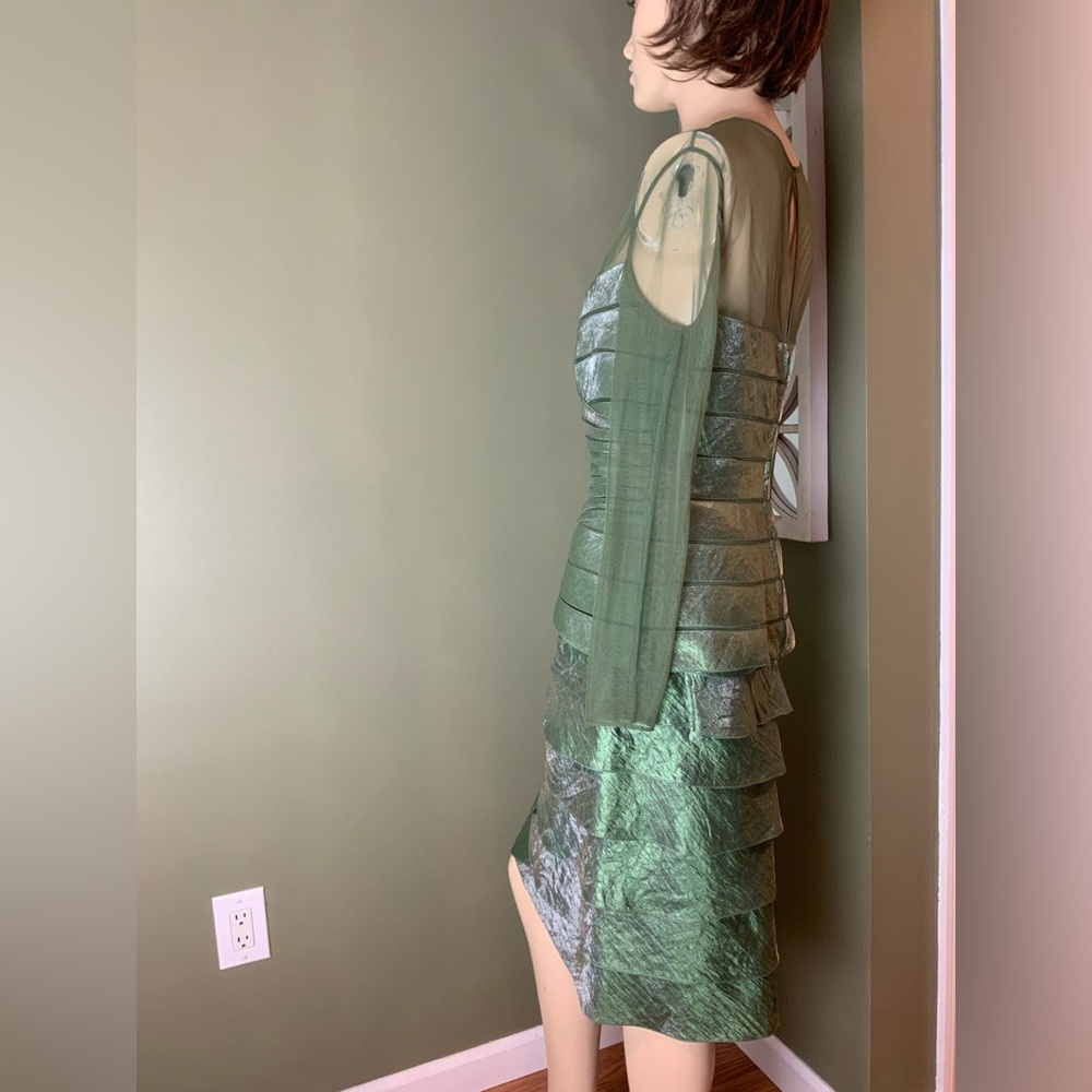 Adrianna Papell Green Sheer-Overlay Tiered Cocktail Mermaid Dress Set NWOT - Picture 4 of 11